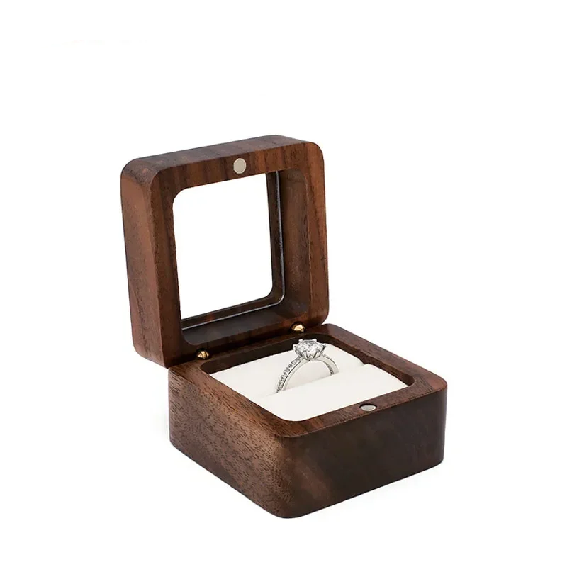 Boîte à bague en bois de noyer avec couvercle transparent et coussin rembourré