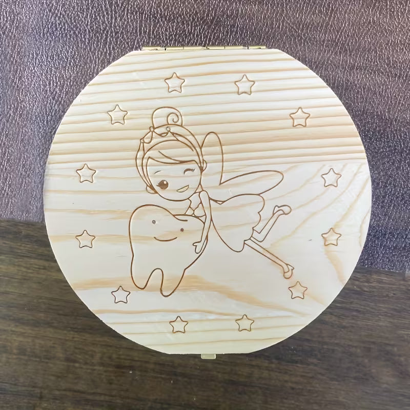 Boîte à dents en bois avec illustration dentaire et motif étoilé