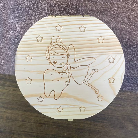 Boîte à dents en bois avec illustration dentaire et motif étoilé