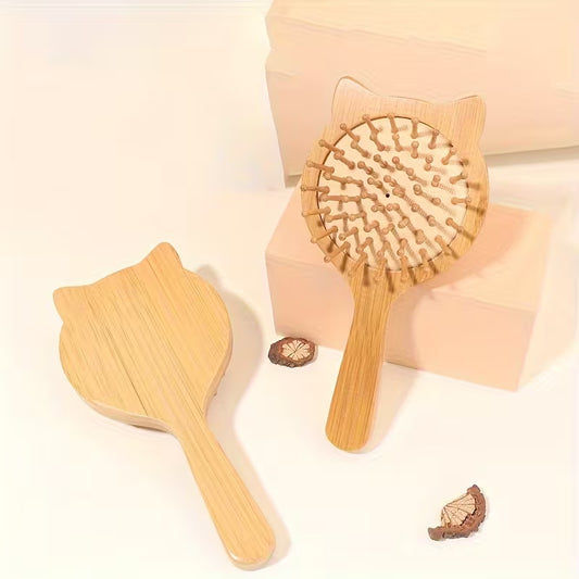 Brosse démêlante en bambou avec coussin d’air forme chat