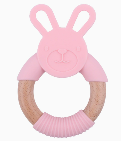 Jouet de dentition en bois naturel gravé rose foncé