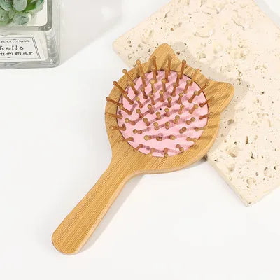 Brosse Démêlante en Bambou Naturel – Coussin d’Air Forme de Chat