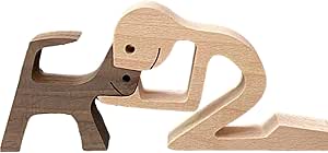 Statue artisanale en bois chien et chat avec maître