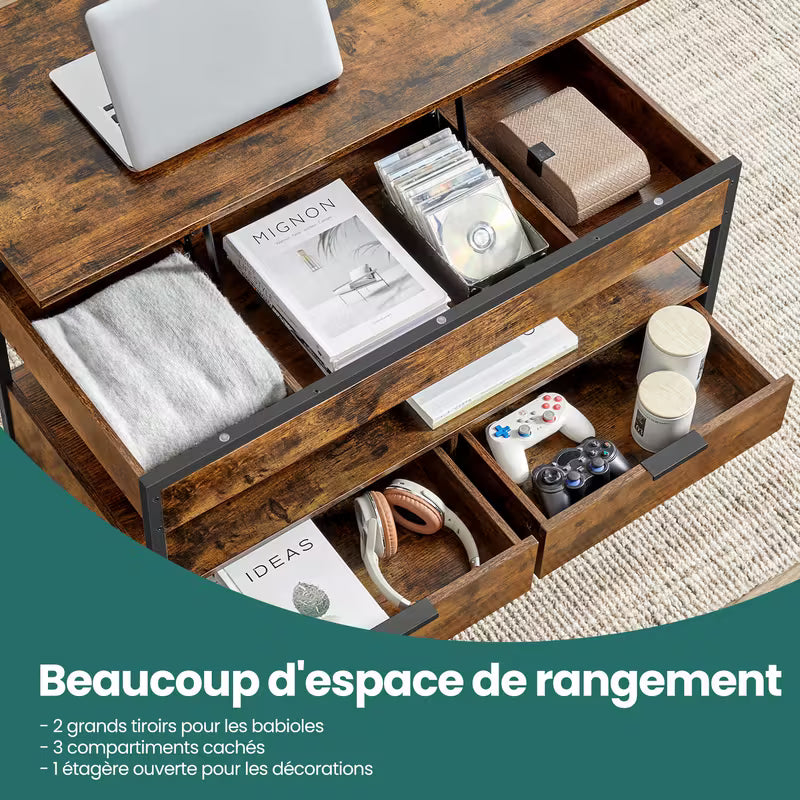 Structure métallique noire et finition bois rustique de la table basse