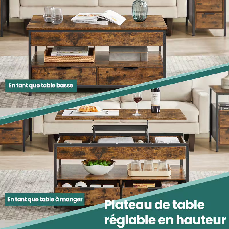 Tiroirs et compartiments cachés de la table de salon marron rustique