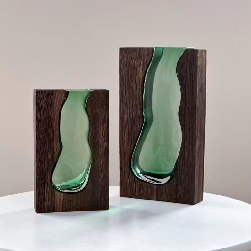 vase décoratif en verre et bois massif design chinois