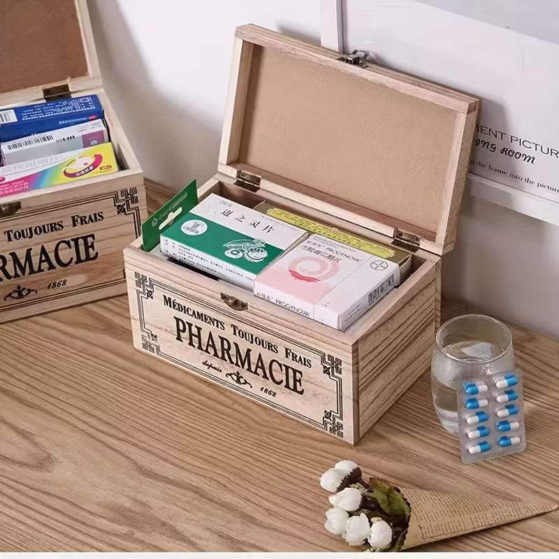 boîte à pharmacie vintage en bois massif naturelle