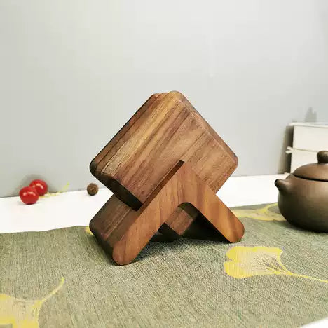 Ensemble de sous-verres en bois de noyer avec support de rangement