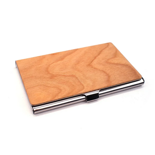 étui porte-cartes bois clair et métal