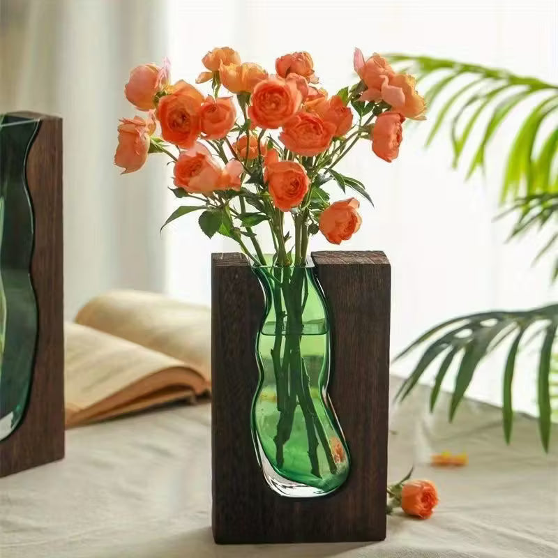 vase décoratif en verre et bois massif 